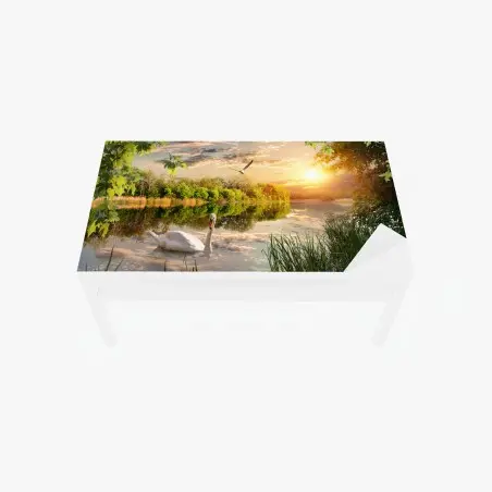 Chapa adhesiva para mesa y escritorio atardecer sereno en el lago con cisne – Pixers®
