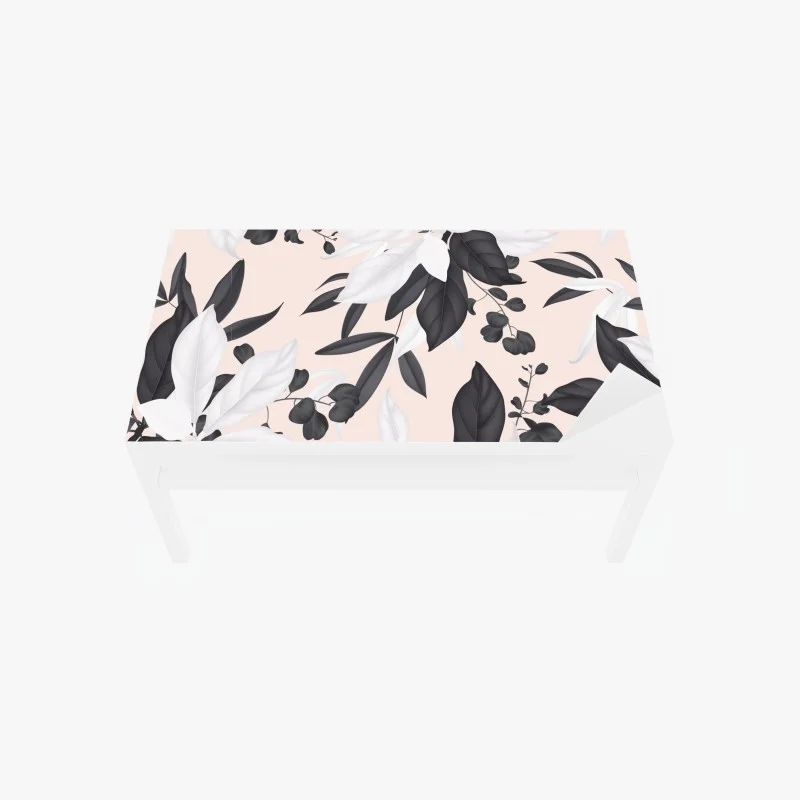 Chapa adhesiva para mesa y escritorio diseño botánico en blanco y negro sobre fondo rosa pálido