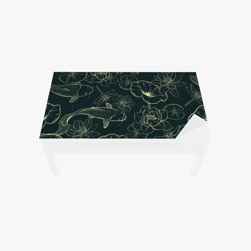 Chapa adhesiva para mesa y escritorio patrón zen de carpas y lotos en trazo dorado