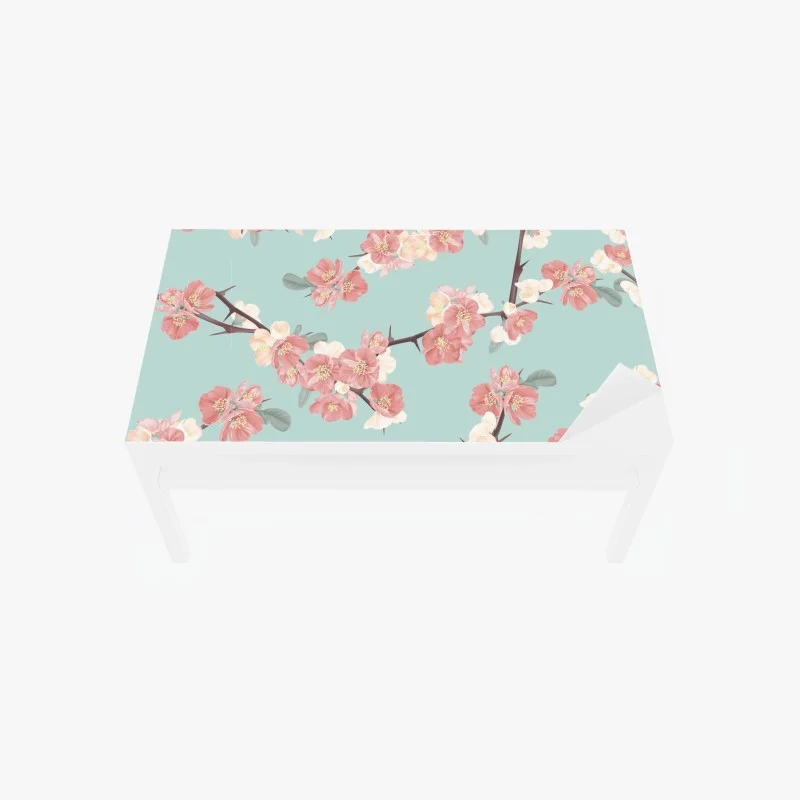 Chapa adhesiva para mesa y escritorio diseño floral de flores de cerezo sobre fondo verde menta