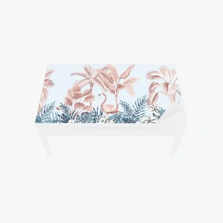 Chapa adhesiva para mesa y escritorio escena tropical con flamenco en tonos rosa y azul – Pixers®