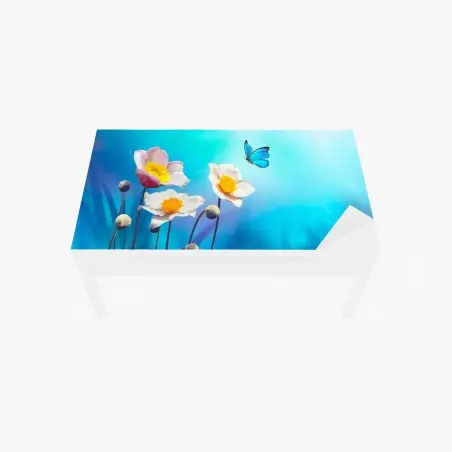Chapa adhesiva para mesa y escritorio anémonas y mariposa azul sobre fondo turquesa – Pixers®