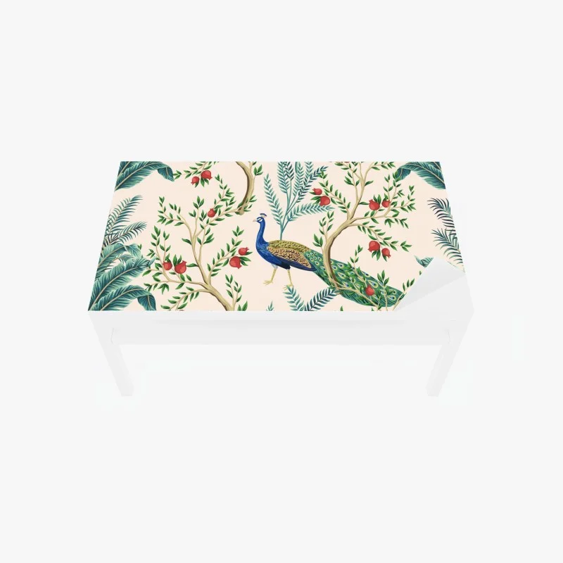 Chapa adhesiva para mesa y escritorio pavo real entre granados y hojas tropicales