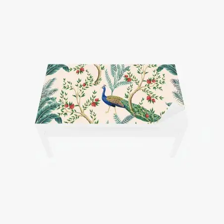 Chapa adhesiva para mesa y escritorio pavo real entre granados y hojas tropicales – Pixers®