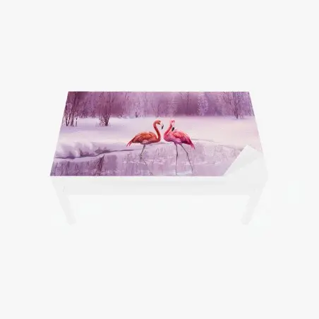 Chapa adhesiva para mesa y escritorio pareja de flamencos en paisaje invernal púrpura – Pixers®