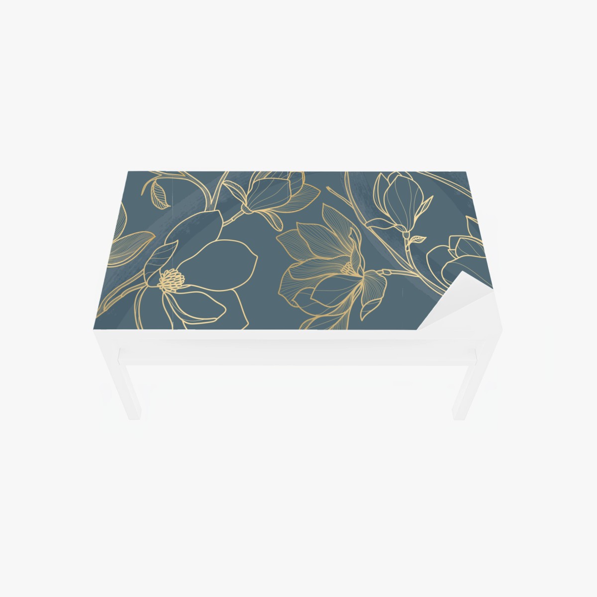 Chapa adhesiva para mesa y escritorio magnolias en trazos dorados sobre fondo azul – Pixers®