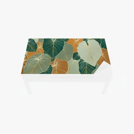 Chapa adhesiva para mesa y escritorio patrón de hojas tropicales en tonos verdes y dorados – Pixers®