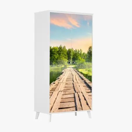 Pegatina para armario puente rústico sobre lago al atardecer – Pixers®