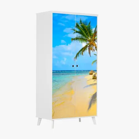 Pegatina para armario escena de paraíso tropical con palmeras y mar turquesa – Pixers®