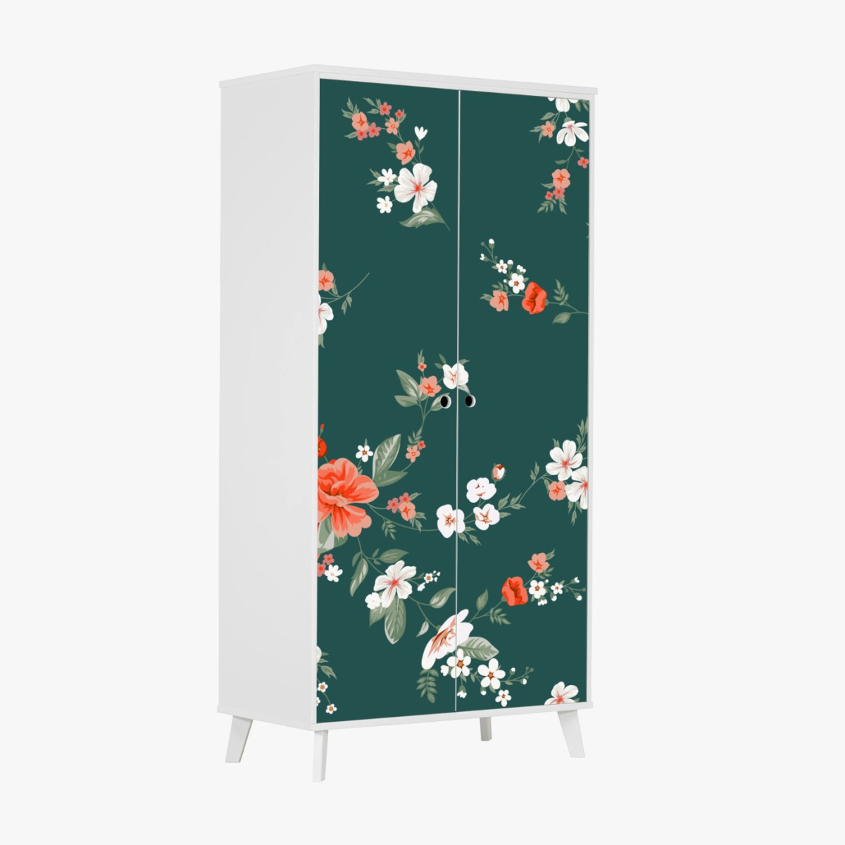 Pegatina para armario patrón floral elegante en verde oscuro y coral – Pixers®