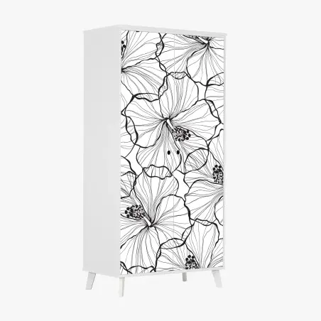 Pegatina para armario patrón botánico de hibiscos en blanco y negro – Pixers®