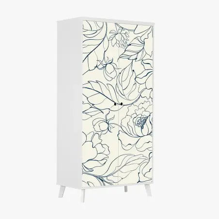 Pegatina para armario motivo floral en líneas azul marino sobre fondo crema – Pixers®