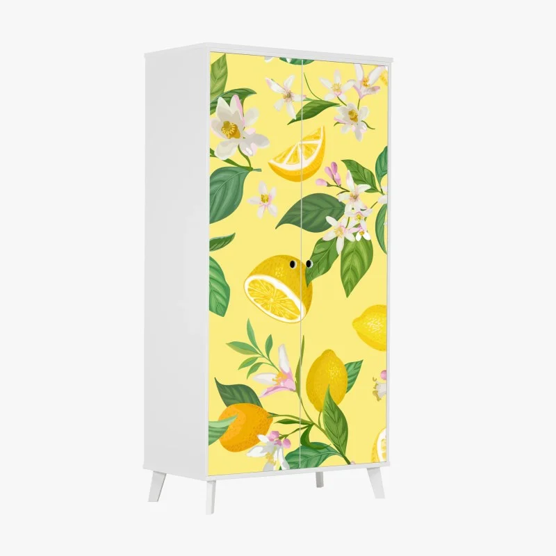 Pegatina para armario estampado botánico de limones y flores sobre fondo amarillo