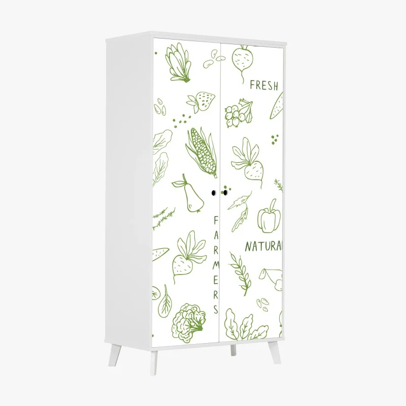 Pegatina para armario diseño orgánico de frutas y verduras en trazos verdes