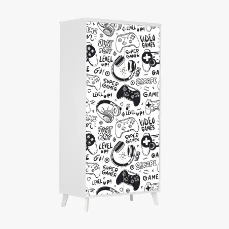 Pegatina para armario patrón de videojuegos en estilo doodle blanco y negro – Pixers®