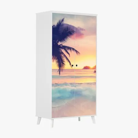 Pegatina para armario puesta de sol tropical con palmera y barca – Pixers®