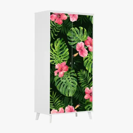 Pegatina para armario patrón tropical de hojas monstera y hibiscos rosas – Pixers®
