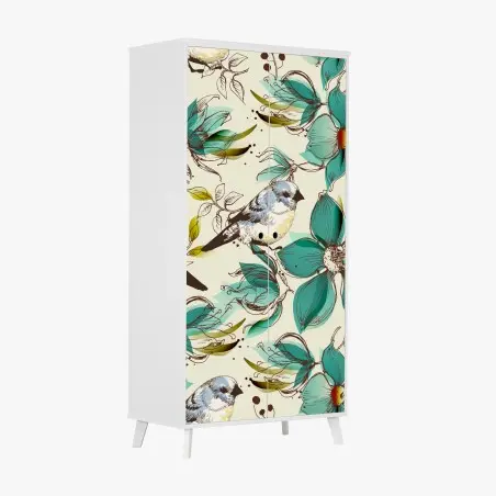 Pegatina para armario estampado retro de pájaros y flores turquesa – Pixers®