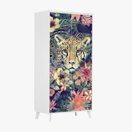 Pegatina para armario leopardo en selva acuarelada y flores exóticas – Pixers®