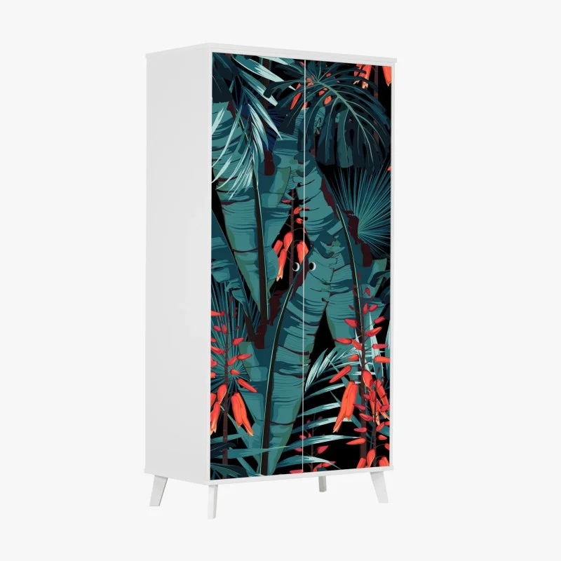 Pegatina para armario follaje tropical azul con flores rojas