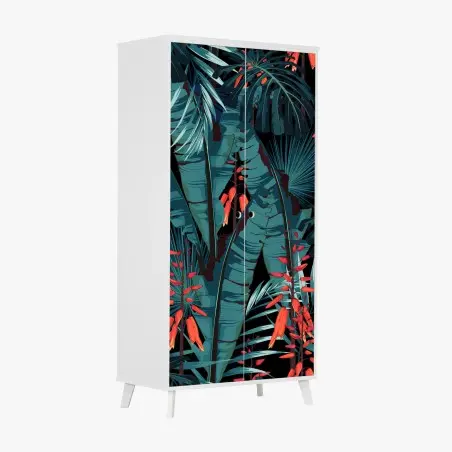 Pegatina para armario follaje tropical azul con flores rojas – Pixers®