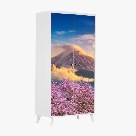 Pegatina para armario amanecer en Monte Fuji con cerezos en flor – Pixers®