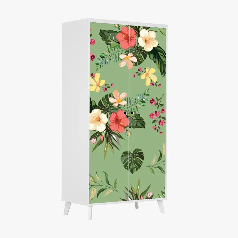 Pegatina para armario diseño tropical de flores y hojas sobre fondo verde