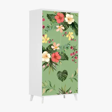 Pegatina para armario diseño tropical de flores y hojas sobre fondo verde – Pixers®