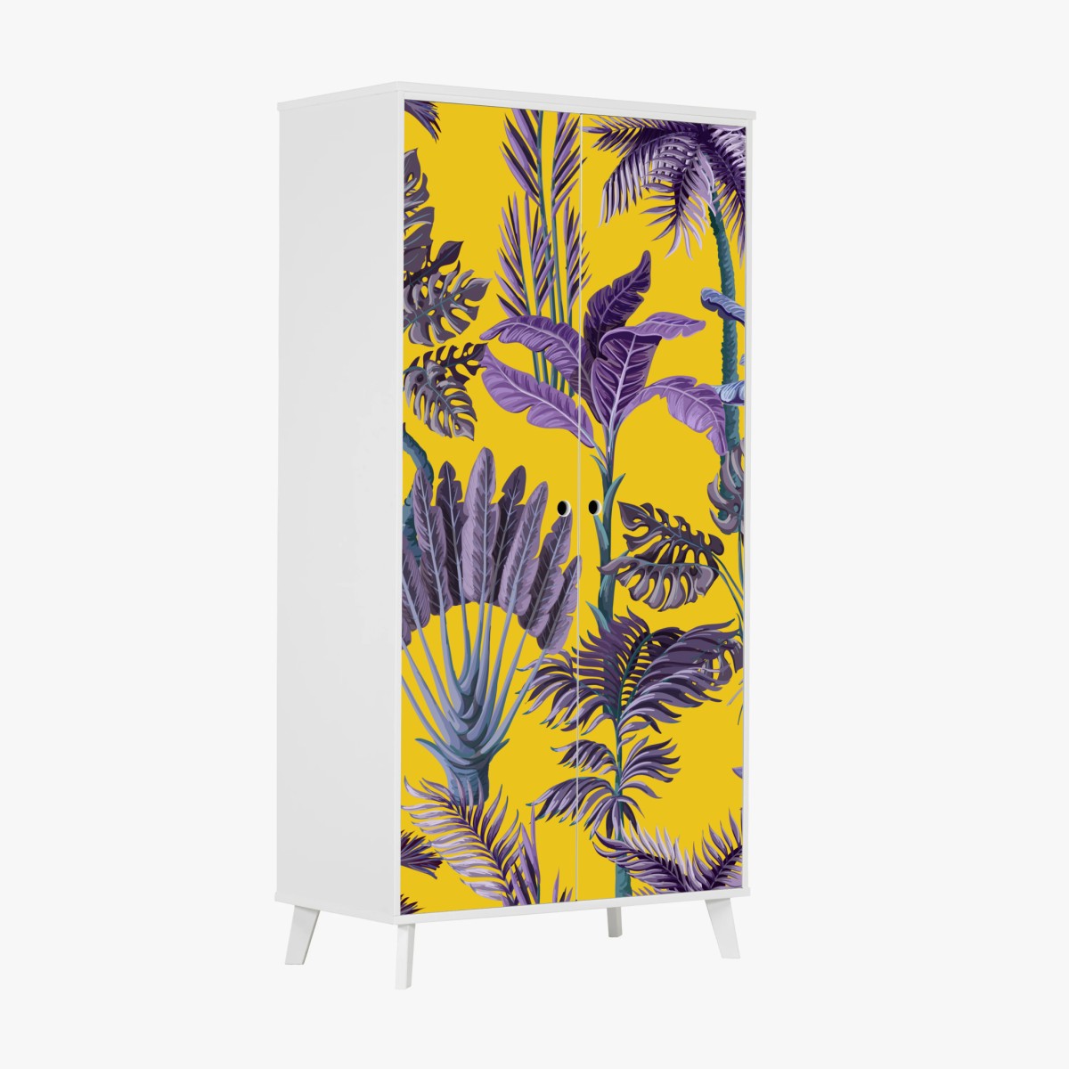 Pegatina para armario estampado tropical vintage en morado sobre fondo amarillo – Pixers®