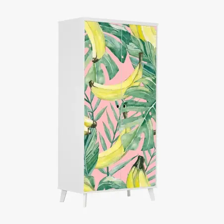 Pegatina para armario hojas tropicales y bananas en acuarela sobre fondo rosa – Pixers®