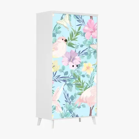 Pegatina para armario jardín tropical en tonos pastel con aves – Pixers®