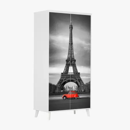 Pegatina para armario París en contraste: coche rojo frente a la Torre Eiffel – Pixers®