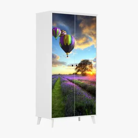 Pegatina para armario puesta de sol sobre campos de lavanda y globos aerostáticos – Pixers®