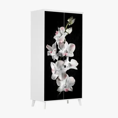 Pegatina para armario orquídeas blancas con toques rosados sobre fondo negro – Pixers®