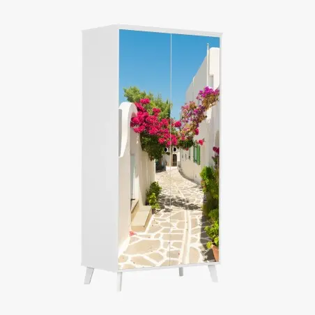 Pegatina para armario rincón mediterráneo de casas blancas y buganvillas – Pixers®