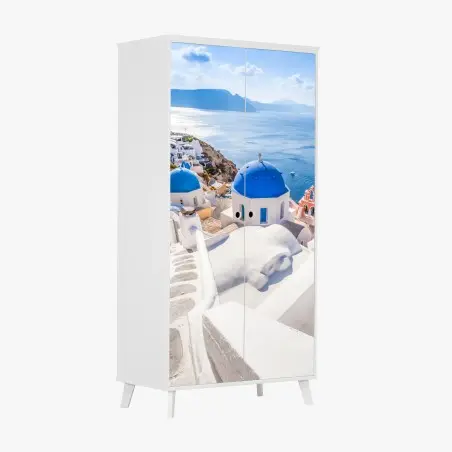 Pegatina para armario cúpulas azules de Santorini sobre el mar – Pixers®