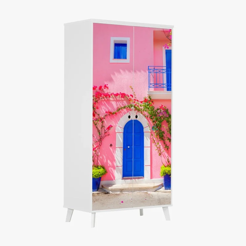 Pegatina para armario fachada mediterránea en rosa y azul