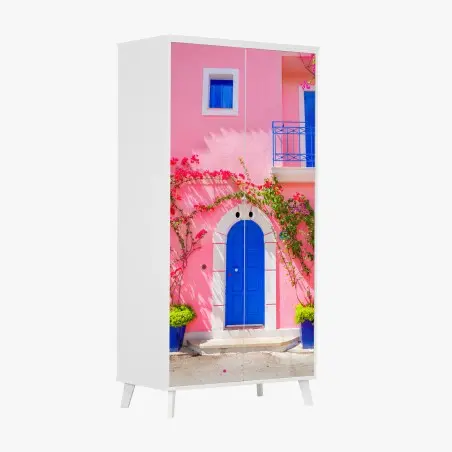 Pegatina para armario fachada mediterránea en rosa y azul – Pixers®