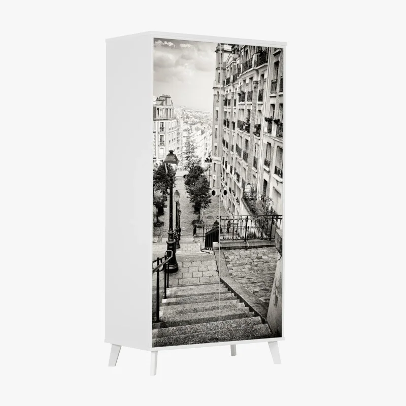 Pegatina para armario escaleras empedradas en blanco y negro
