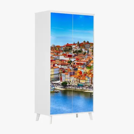 Pegatina para armario paisaje urbano colorido de Porto junto al río – Pixers®