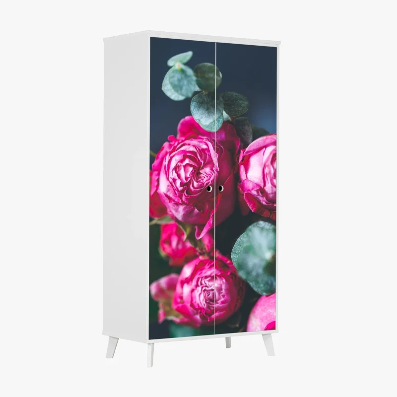 Pegatina para armario ramo de rosas rosa intenso sobre fondo azul