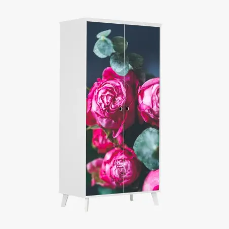 Pegatina para armario ramo de rosas rosa intenso sobre fondo azul – Pixers®