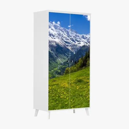 Pegatina para armario pradera alpina con flores y montañas nevadas – Pixers®