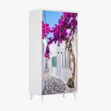 Pegatina para armario rincón mediterráneo con buganvillas moradas – Pixers®