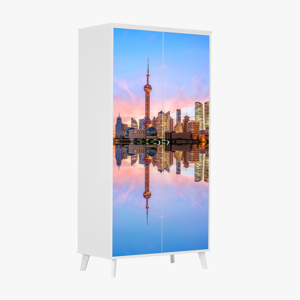 Pegatina para armario amanecer en Shanghai: horizonte urbano reflejado – Pixers®