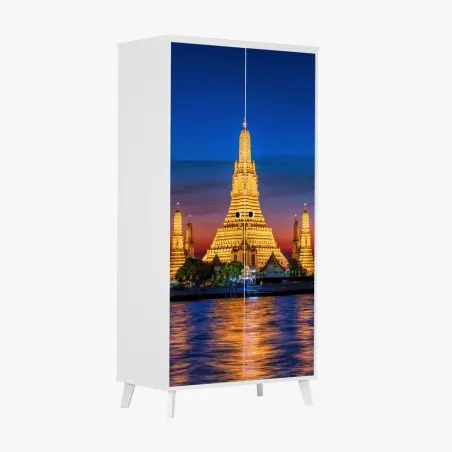 Pegatina para armario templo iluminado de Wat Arun al atardecer – Pixers®