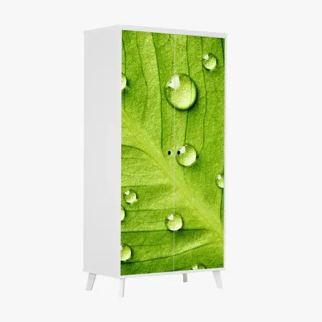Pegatina para armario hoja verde con gotas de rocío – Pixers®