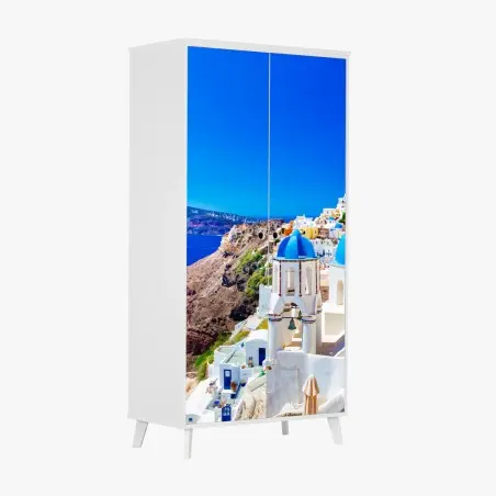 Pegatina para armario vistas de Santorini al mar: cúpulas azules y casas blancas – Pixers®
