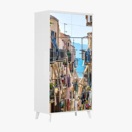 Pegatina para armario balcones coloridos con vista al mar – Pixers®