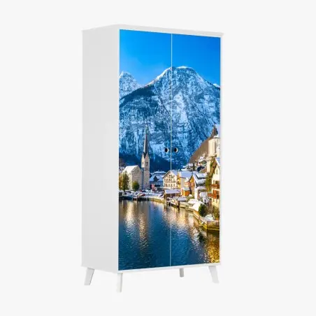 Pegatina para armario paisaje invernal de Hallstatt junto al lago – Pixers®